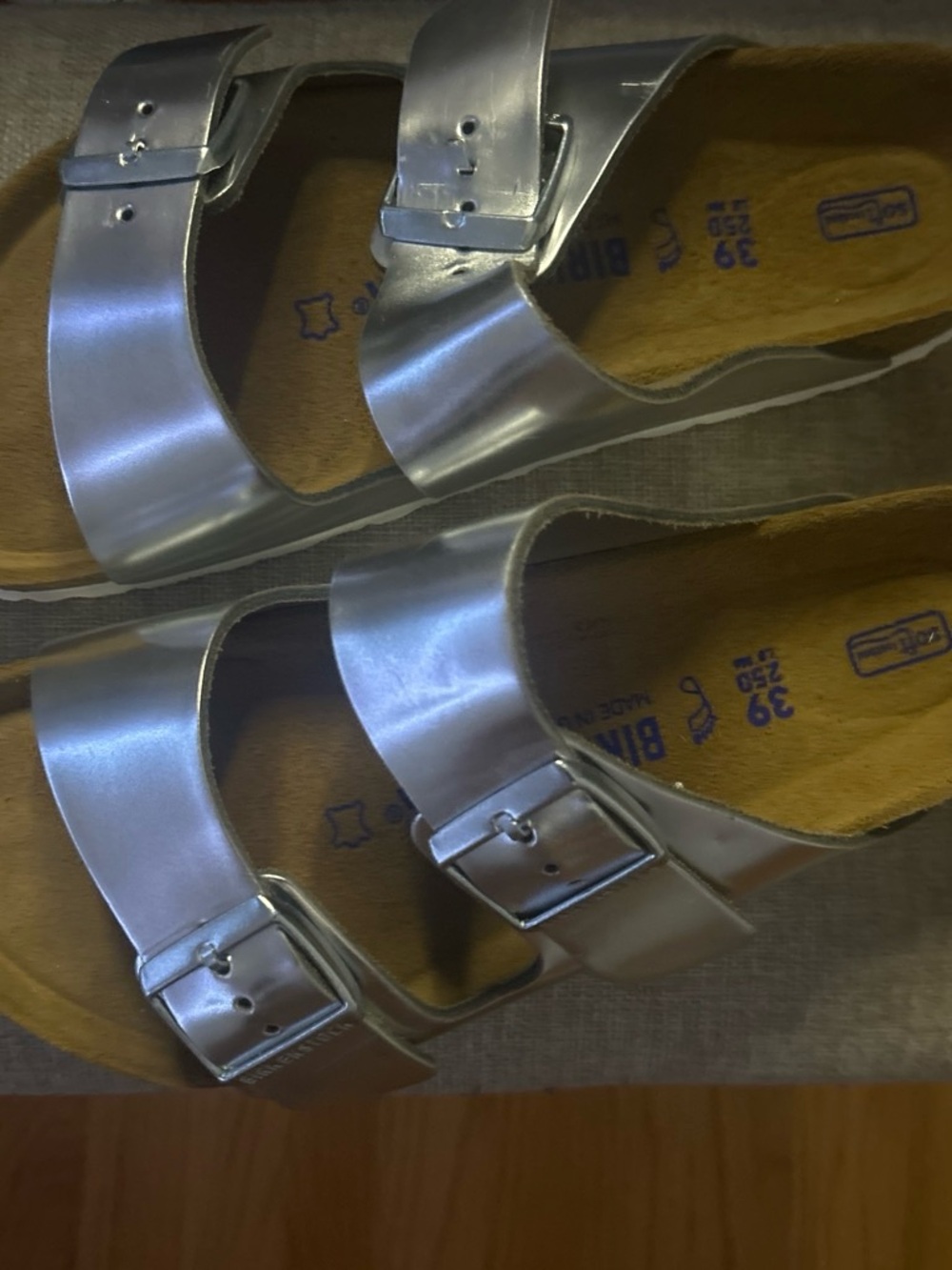 Birkenstock Metallic Silver Two-Buckle Women's Sandals with box never worn new